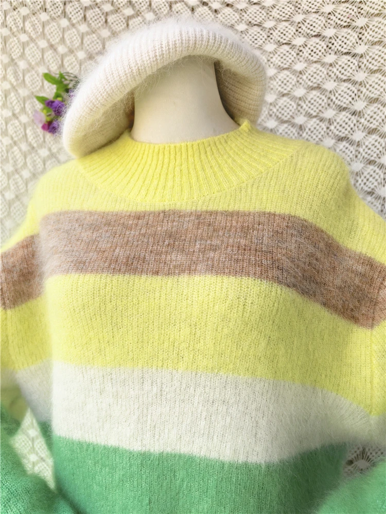 Women Mujer Fashion Colored Striped Hairy Mohair Wool Knitted O-Neck Long Sleeves Loose Pullover Lazy Oaf Sweater Jumper Pull