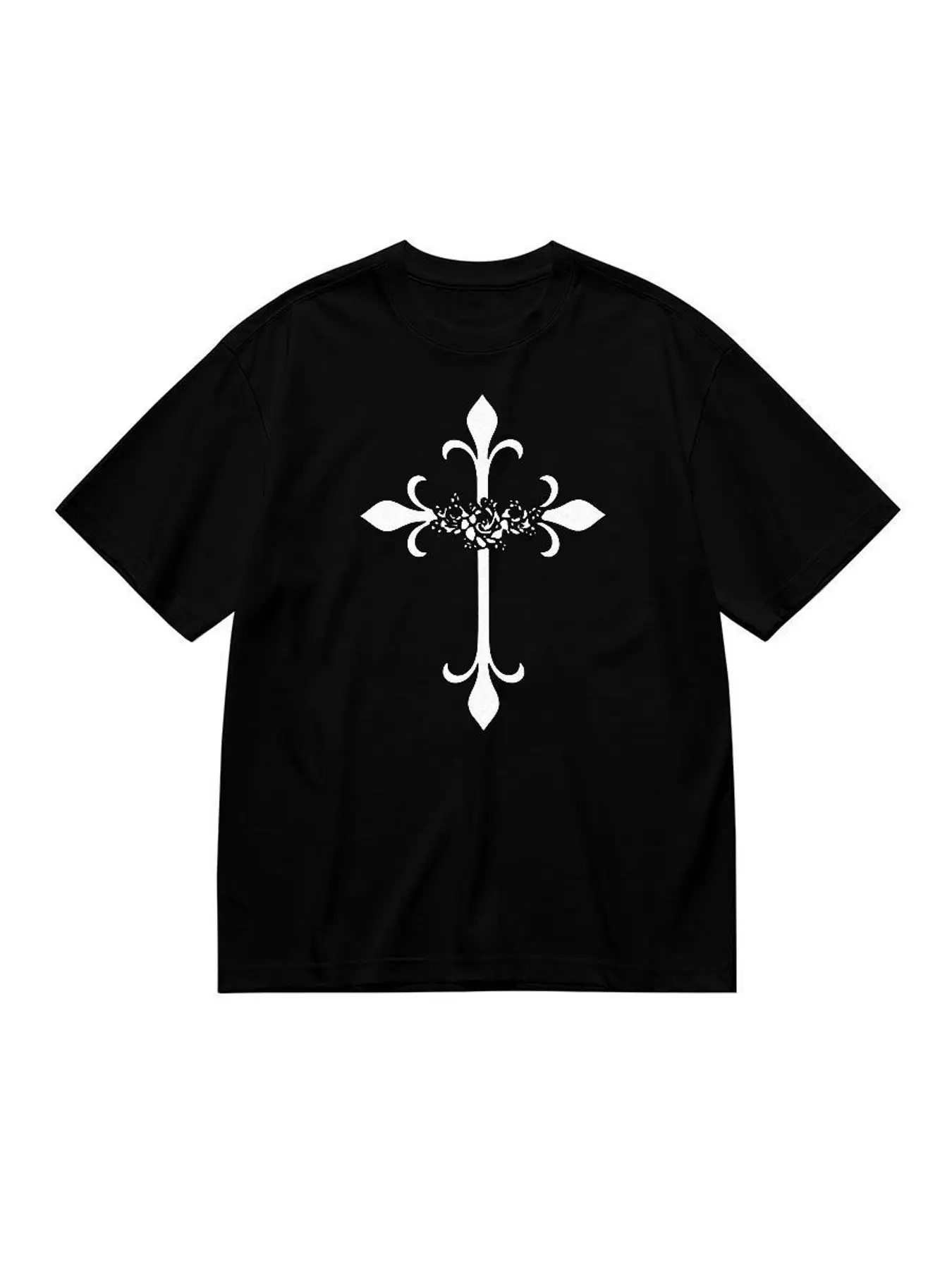 Gothic Cross Floral Graphic T Shirt Women Fashion Stretchy Plus Size Tops Short Sleeve Casual Summer Soft Tee Clothes