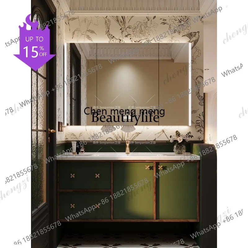03A French medieval color matching bathroom cabinet ceramic integrated basin toilet hand wash basin cabinet combination