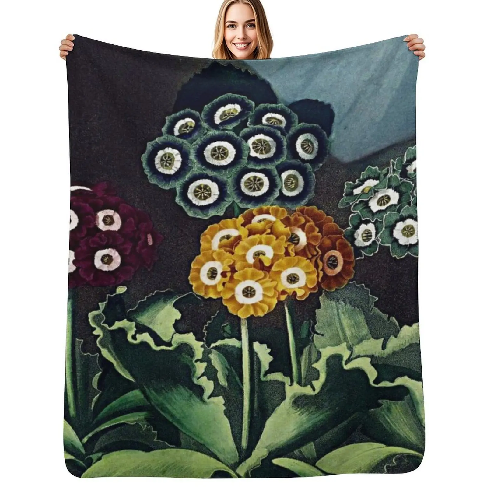 Botanical Art Temple Of Flora Auriculas Throw Blanket Easy Care Comfortable Blanket for Couch