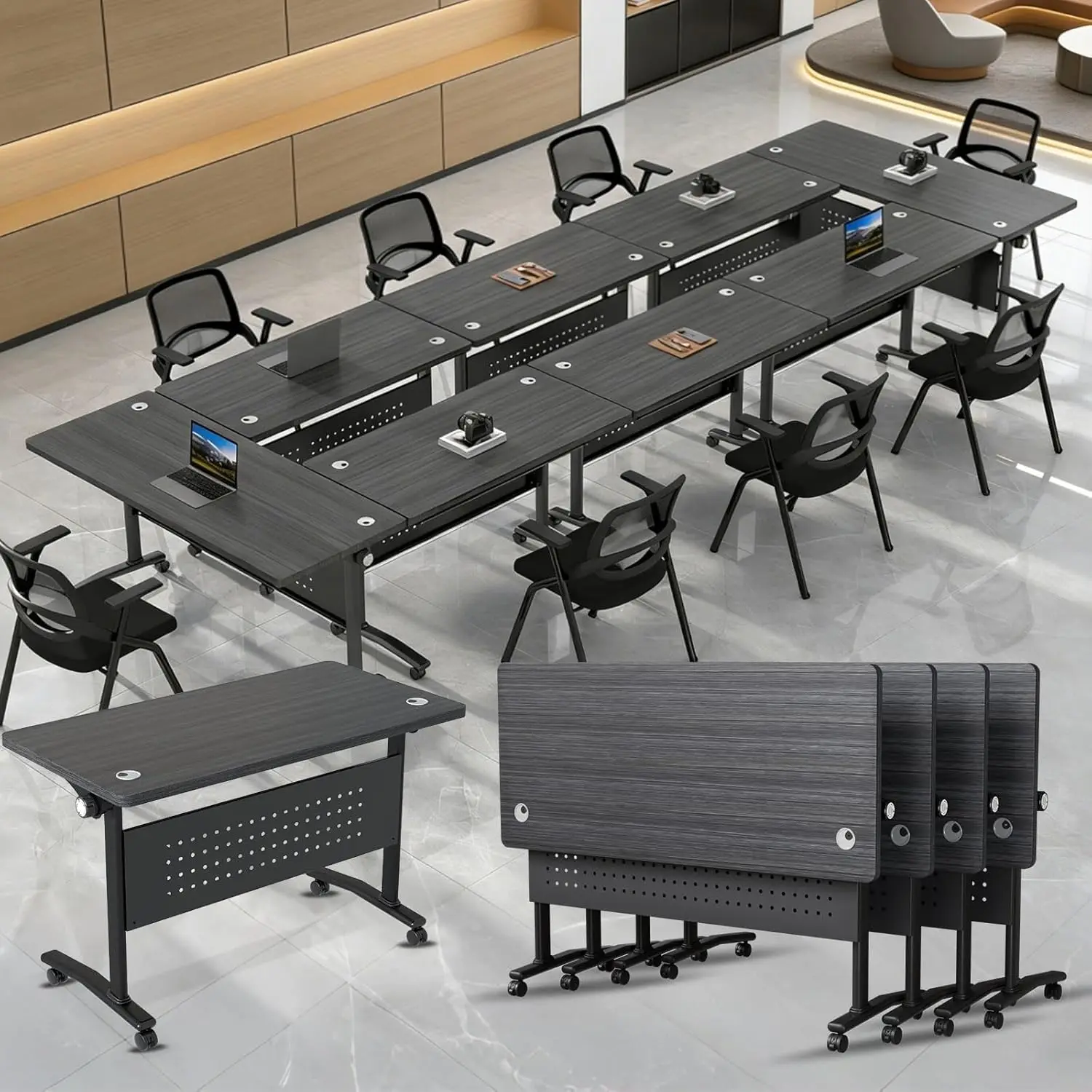 

Folding Conference Table Stackable Flip Top Mobile Training Desk with Wheels Cable Grommets Office Classroom 47.2Inch, Custom
