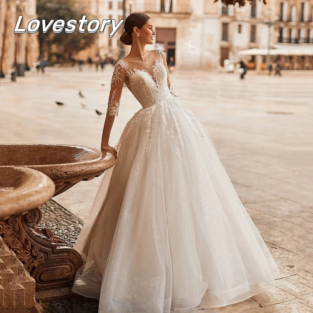 

Elegant A-Line Wedding Dresses Illusion O Neckline Lace Appliques Half Sleeves Glitter Bridal Gown New Arrival Vestidos De Novia