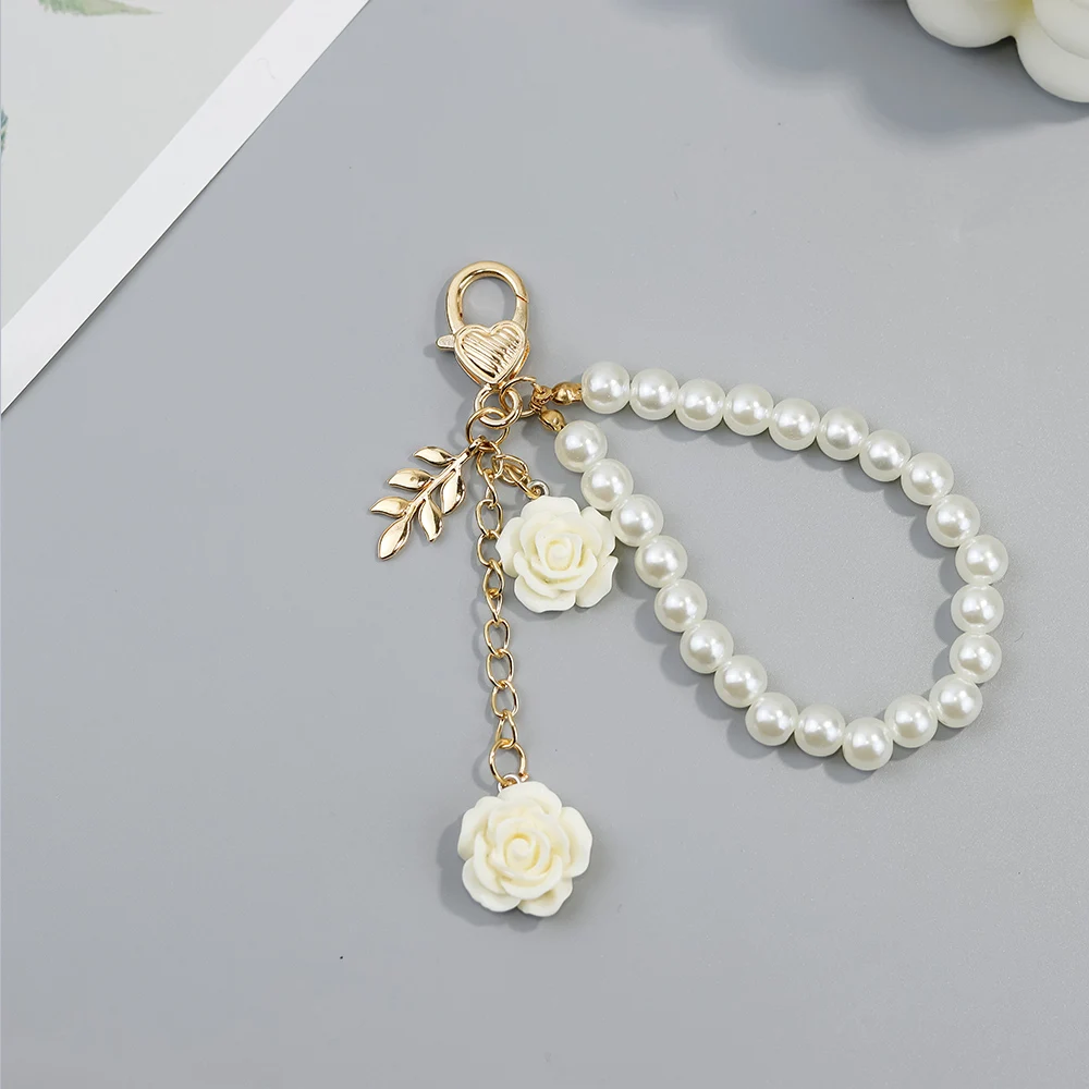 Fashion Rose Tassel Keychains Elegant Imitation Pearl Wristband Keyrings Women Handbag Phone Ornaments Accessories Jewelry Gifts