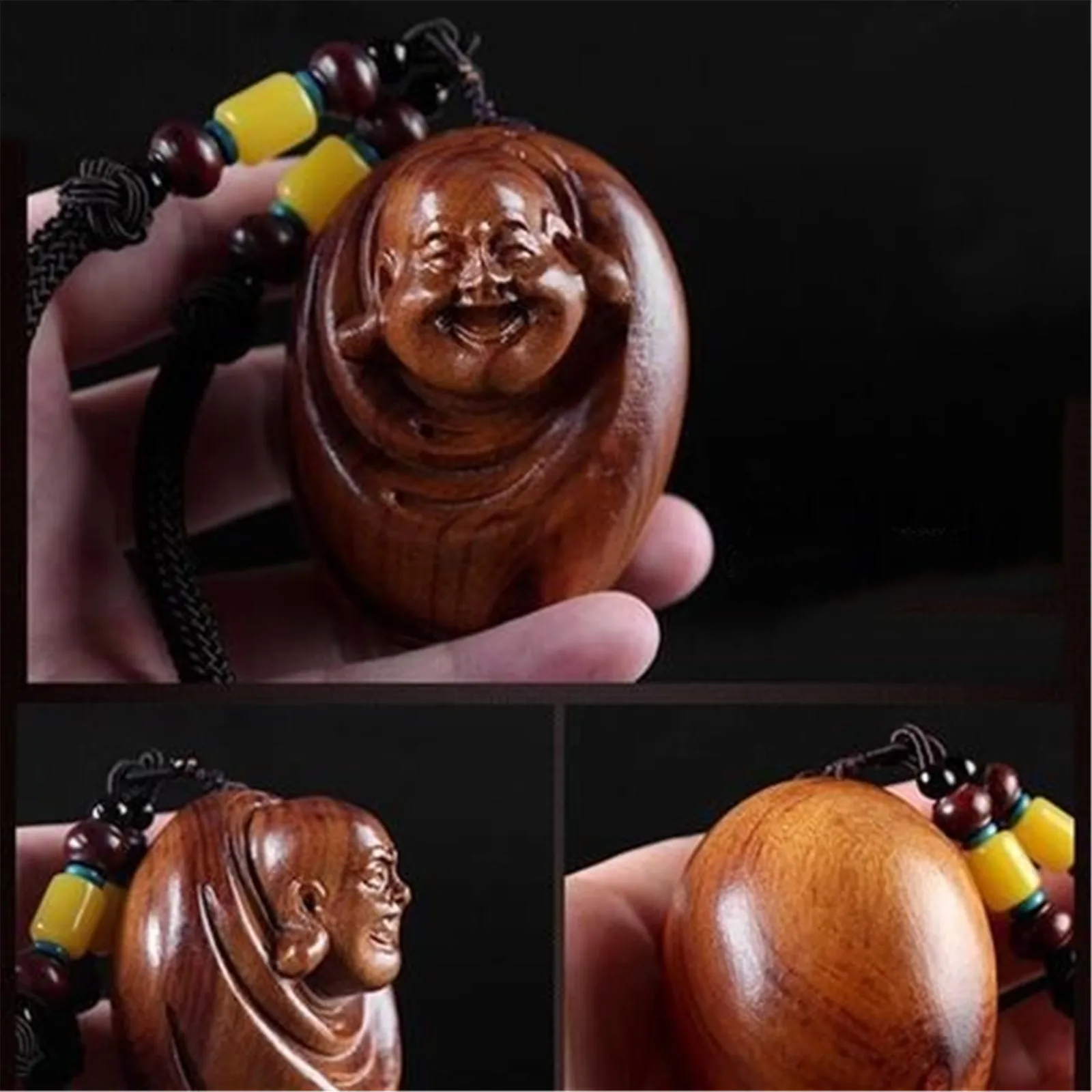 Religion Natural Wood Three-dimensional Engraving Buddha Keychain Huanghua pear woodcarving Pi xiu Gourd Pendant  for men an 1pc