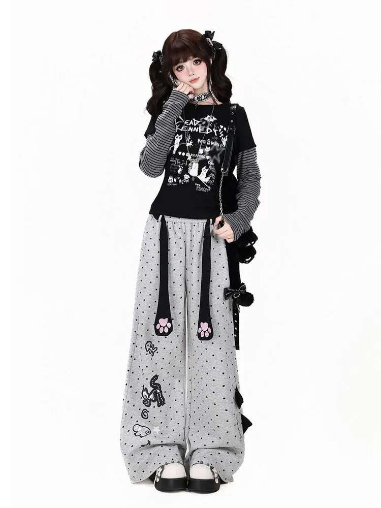 Cute Cat Print Wide Leg Pants Women Autumn High Waist Loose with Belt Trousers Harajuku Vintage Preppy All Match Straight Pants