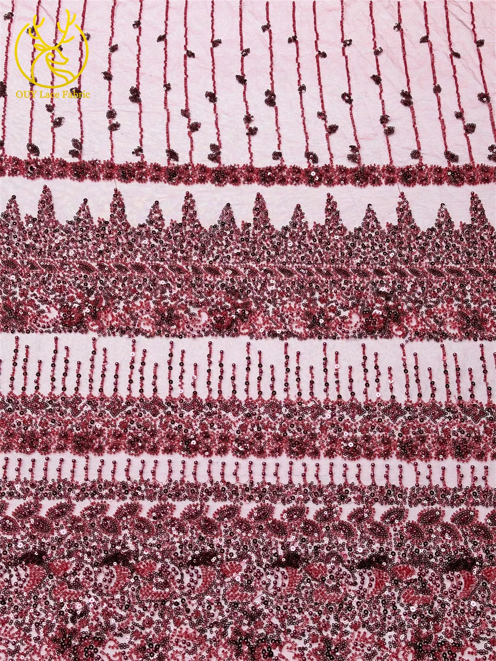 Roter Bräutigam-Perlen-Spitzenstoff 2026 Neuester französischer afrikanischer Mesh-Pailletten-Spitzenstoff Nigerianischer Tüll-Spitze für Brautparty-Kleider – Detail 6