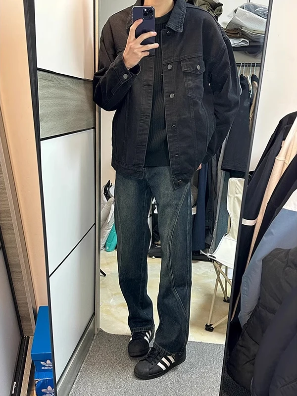 

Мужские джинсы большого размера 300 Pou в американском ретро-стиле, синие, свободные, модные, в стиле High Street, с прямым кроем и вставками Haome