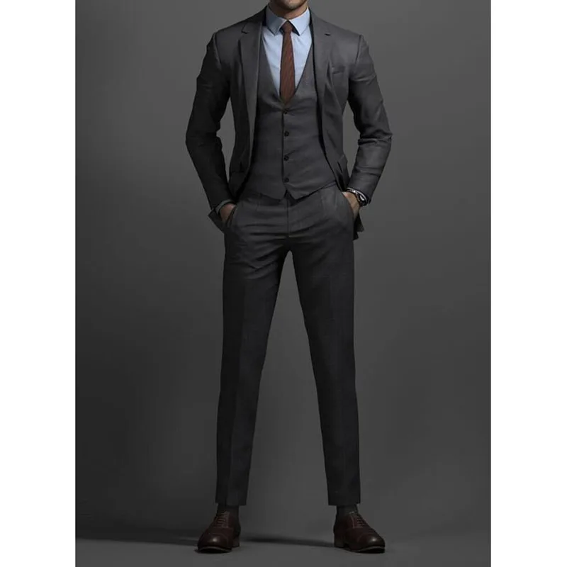 Slim Fit Dark Grey Suits for Men 3 Piece Single Breasted Notch Lapel Regular Length Full Sets Wedding Jacket Pants Vest Terno