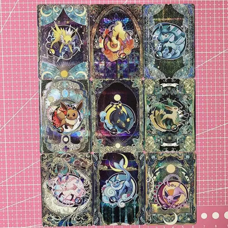 9 sztuk/zestaw Diy Self Made PTCG Eeveelution karta kolekcjonerska refrakcja kolor Flash Eevee klasyczne karty Anime zabawki prezentowe