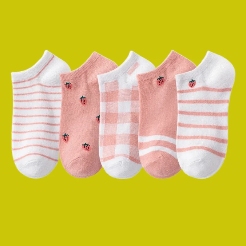 

5/10 Pairs Pink Strawberry Checkered Women Socks Fashion New Shallow Mouth Women's 2024 New Women's Thin Boat Socks Cotton Socks