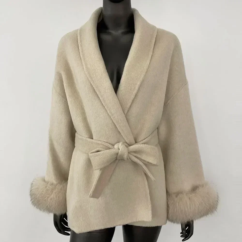 Real Wool Coat Cashmere Coat Double-sided Woolen Jacket Women Removable Cuffs Fox Fur Jacket Winter Temperament Short and Long