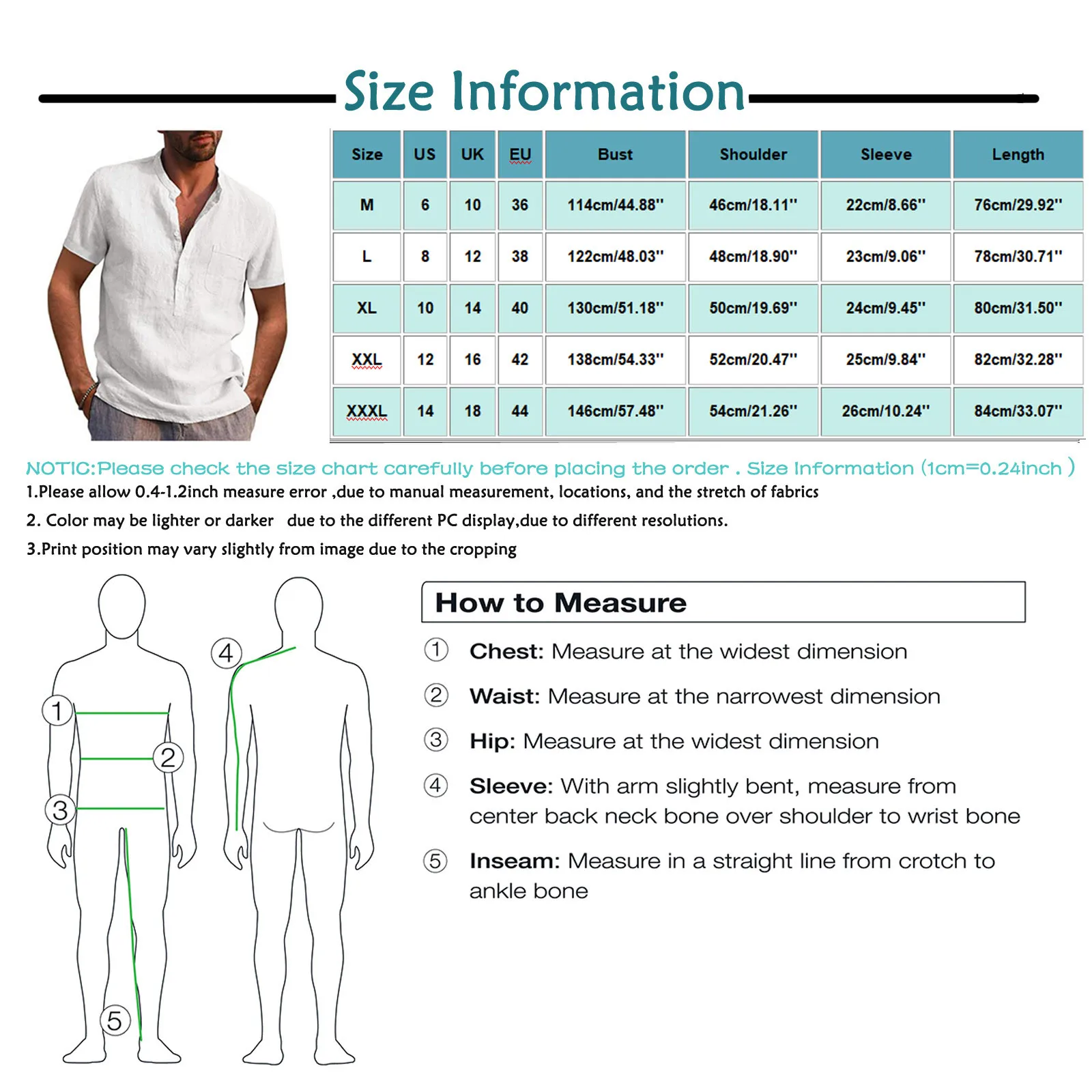 Chemises en coton et lin pour hommes, chemises décontractées, manches courtes, col montant, demi-boutons, poches poitrine, monochromatique, été