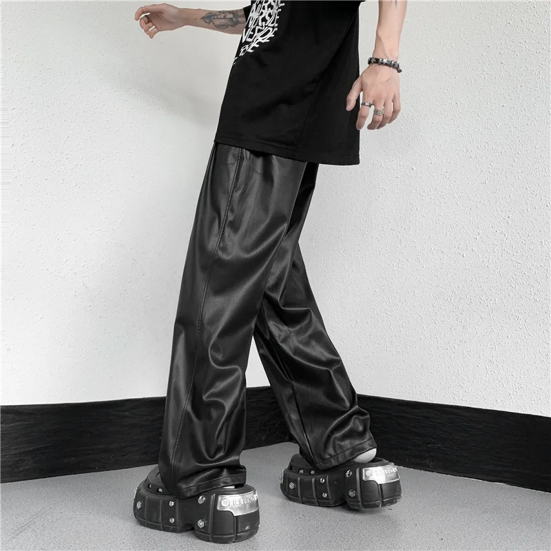 Men\'s Spring and Autumn Straight Pants Simple Elastic Waist Mop Wide Leg Pu Leather Pants