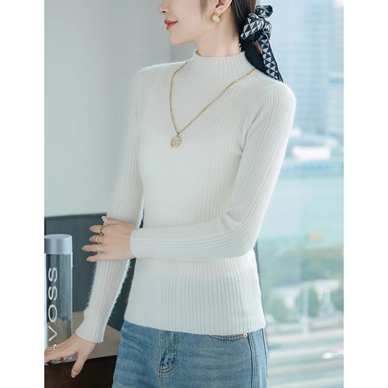 

Y2k Sexy Figure 100% Wool Women's Sweater High collar Long Sleeves Tight-fitting Pullover Tops 2024 New