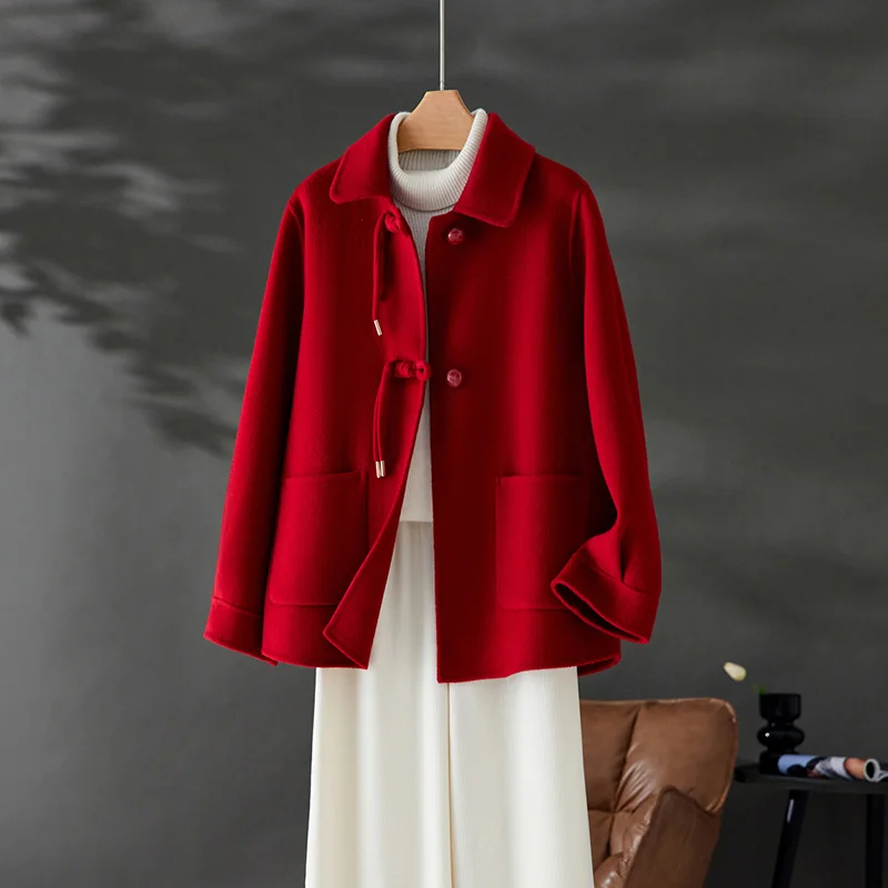 2024 Autumn and Winter New 100% Pure Wool Double sided Coat Women\'s Medium Fit Suit Collar Fashion Trend Solid Color Coat Top