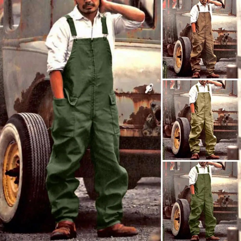 Men Denim Jumpsuit Casual Retro Style Loose Fit Overalls With Large Pockets Soft Thick Fabric Cargo Jumpsuit