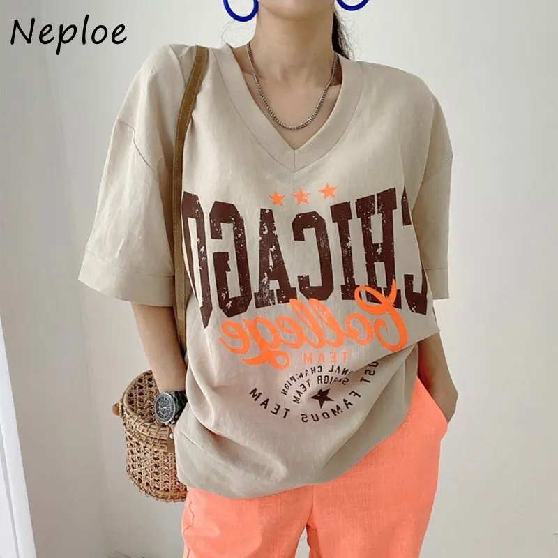 Neploe 2024 Summer Niche Versatile V-Neck Panel Contrast Letter Print Loose Fitting Short Sleeve T-Shirt Femme College Style Tee