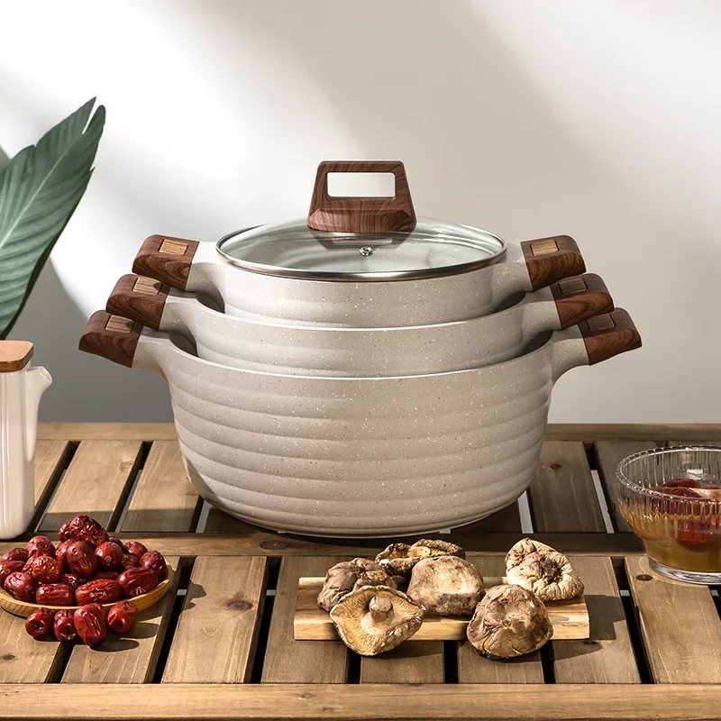 Wood Grain Stone Stew Pot, Non-Stick, Suitable for Induction and Gas Cookers, Two Ears Cooking Pot Set, Durable Cookware