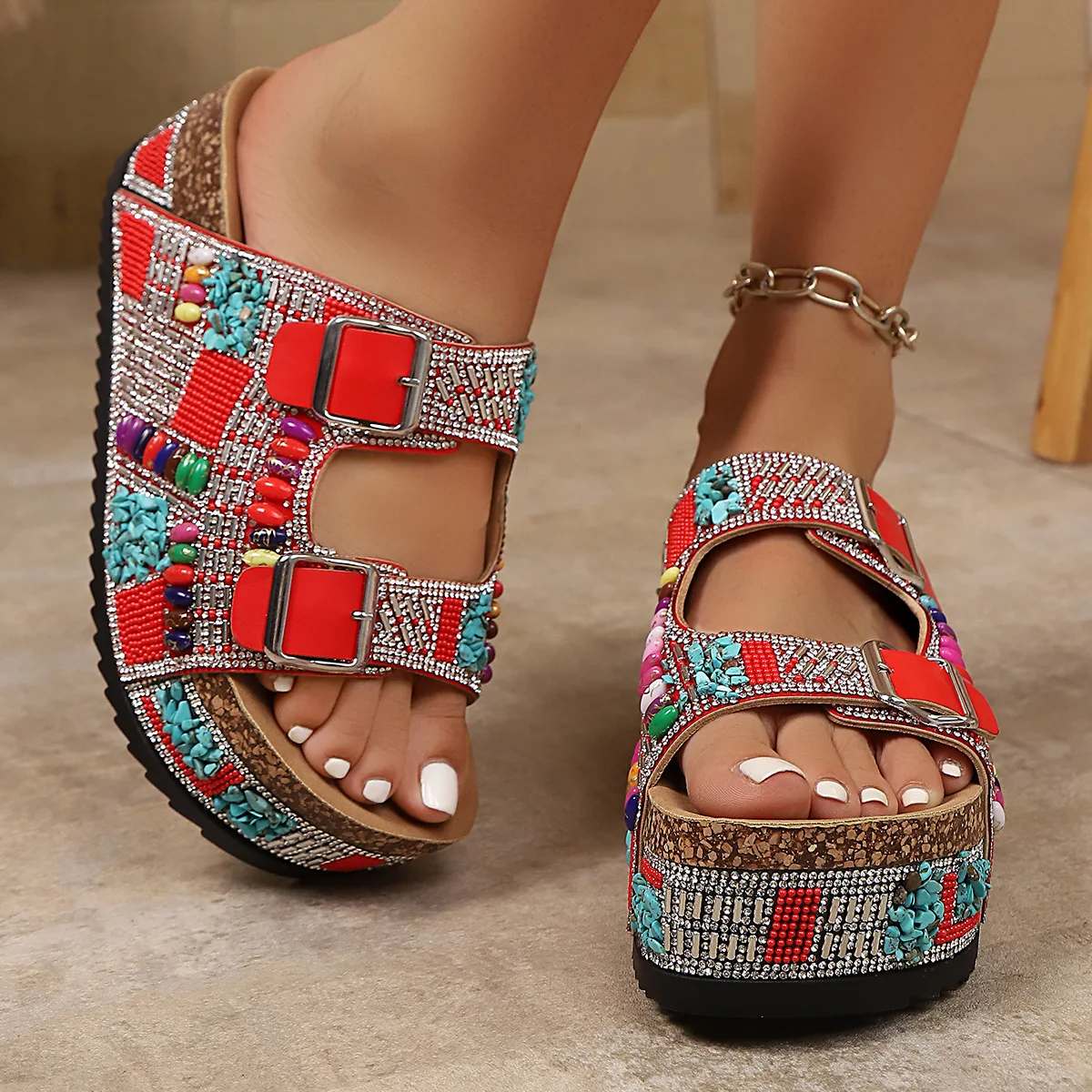 

Summer New Large Size Women's Clog Slippers Soft Wood Outdoor Wear Thick Bottom Color Block Slippers Diamond Double Buckle