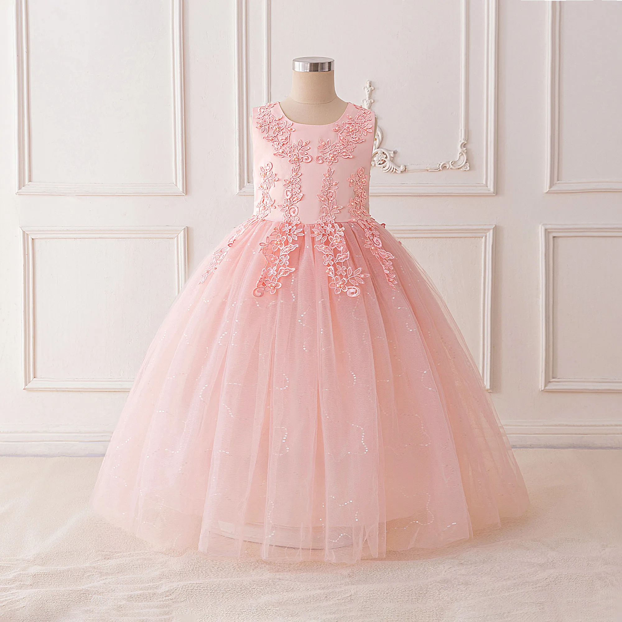 Fashion Beading Bridesmaid Girls Dress Flower Wedding Evening Princess Birthday Party Dress Graduation Gala Baptism Kids Clothes