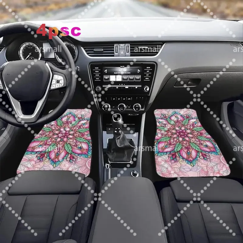 Complete Set Of 4 Pink Bohemian Floral Car Floor Mats, Designed For Both Men And Women, Offering Universal Fit For Front And Rea