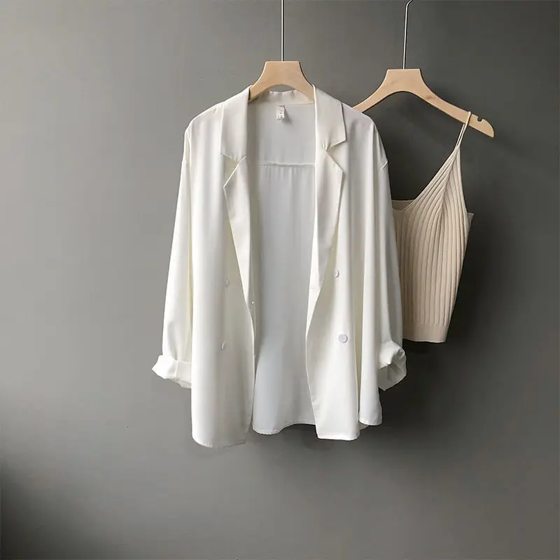 Women Spring Summer New Chiffon Suit Jacket Fashion Generous Solid Button Splicing Loose Casual Versatile Long Sleeved Thin Coat