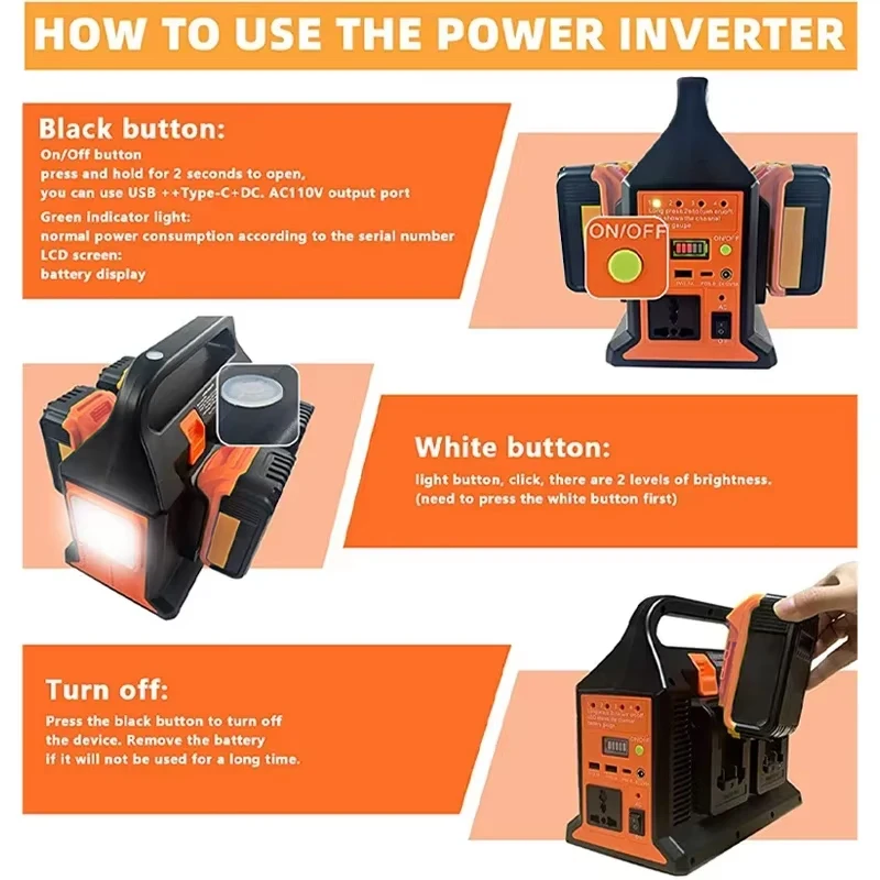 For Makita/DeWalt/Milwaukee/Bosch 18v Battery Power Inverter To AC 350W 110V/220V USB Tpye-C Power Bank Converter with Light