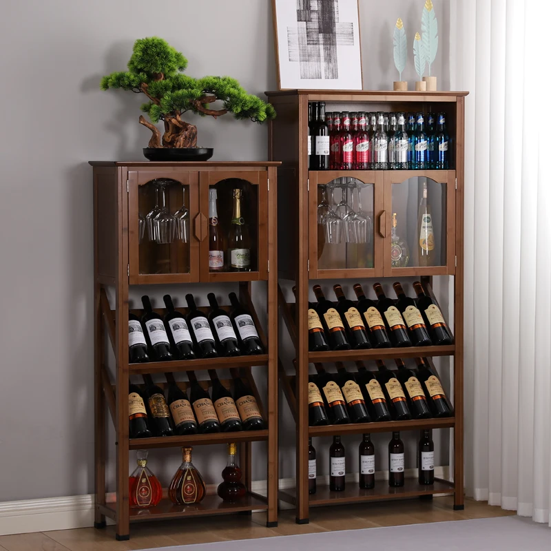 

Glass Showcase Wine Rack Bamboo Shelf Storage Minimalist Display Cabinet Home Restaurant Cremalheira De Vinho Room Furniture