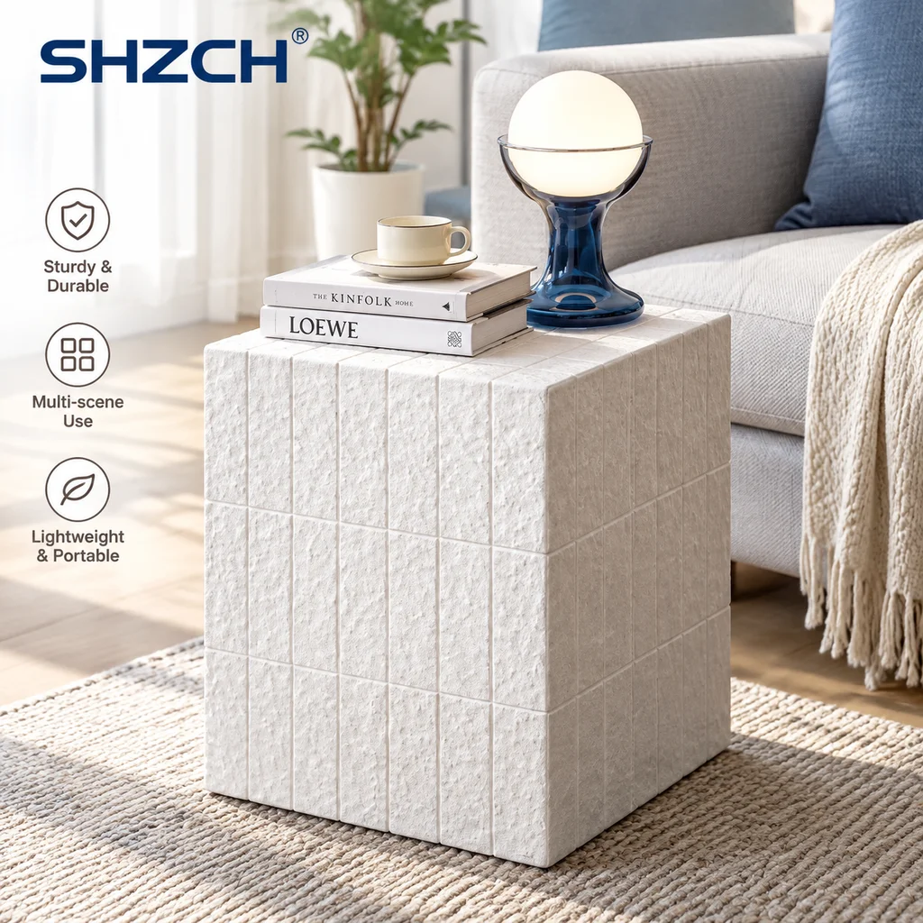 White Geometric Side Table Mosaic Pattern End Tables Modern Minimalist Coffee Table for Living Room Artistic Home Furniture