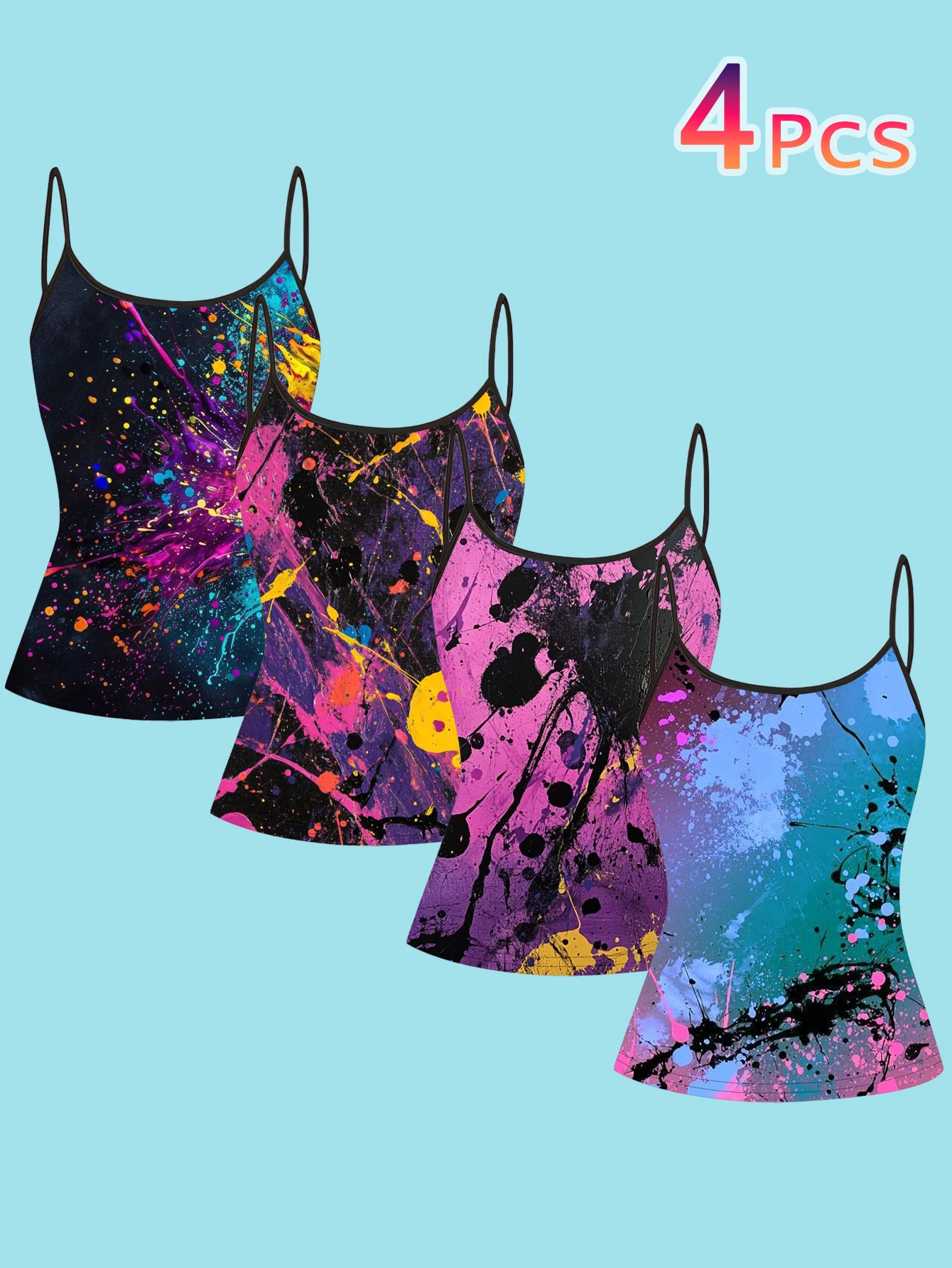 4-Piece Set of Colorful Splash-Ink Graffiti Art Print Camisole Tops for Women, Y2K Trendy Niche Slim-Fit Base Layer Outerwear Women's Tops