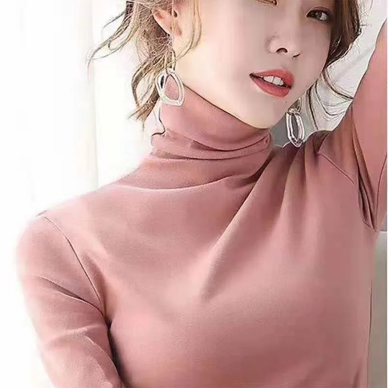Autumn winter new snine color half high neck facial mask bottoming women's skin bare feeling high elastic slim long sleeve shirt