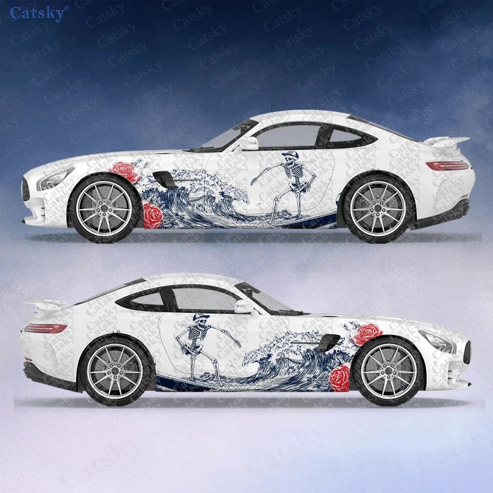 

2pcs Surfing Rose Skull Boy Car Side Decals, Self-Adhesive PVC Waterproof & Scratch-Resistant Stickers, Fashionable Decals