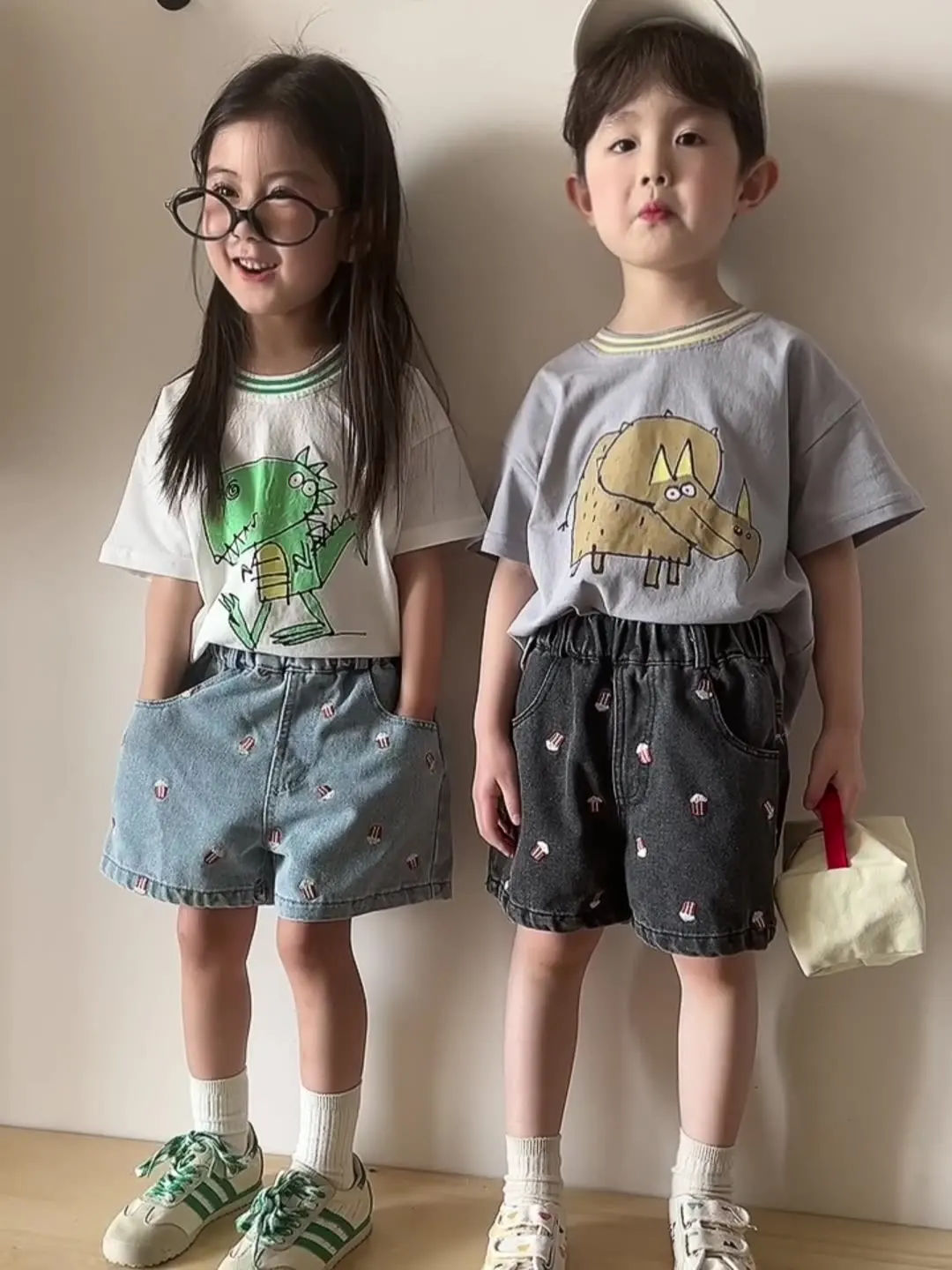 2026 Summer Kids Denim Shorts for 80-150cm Boys Girls Popcorn Embroidery Elastic Waist Casual Knee Length Teenage Children Pants