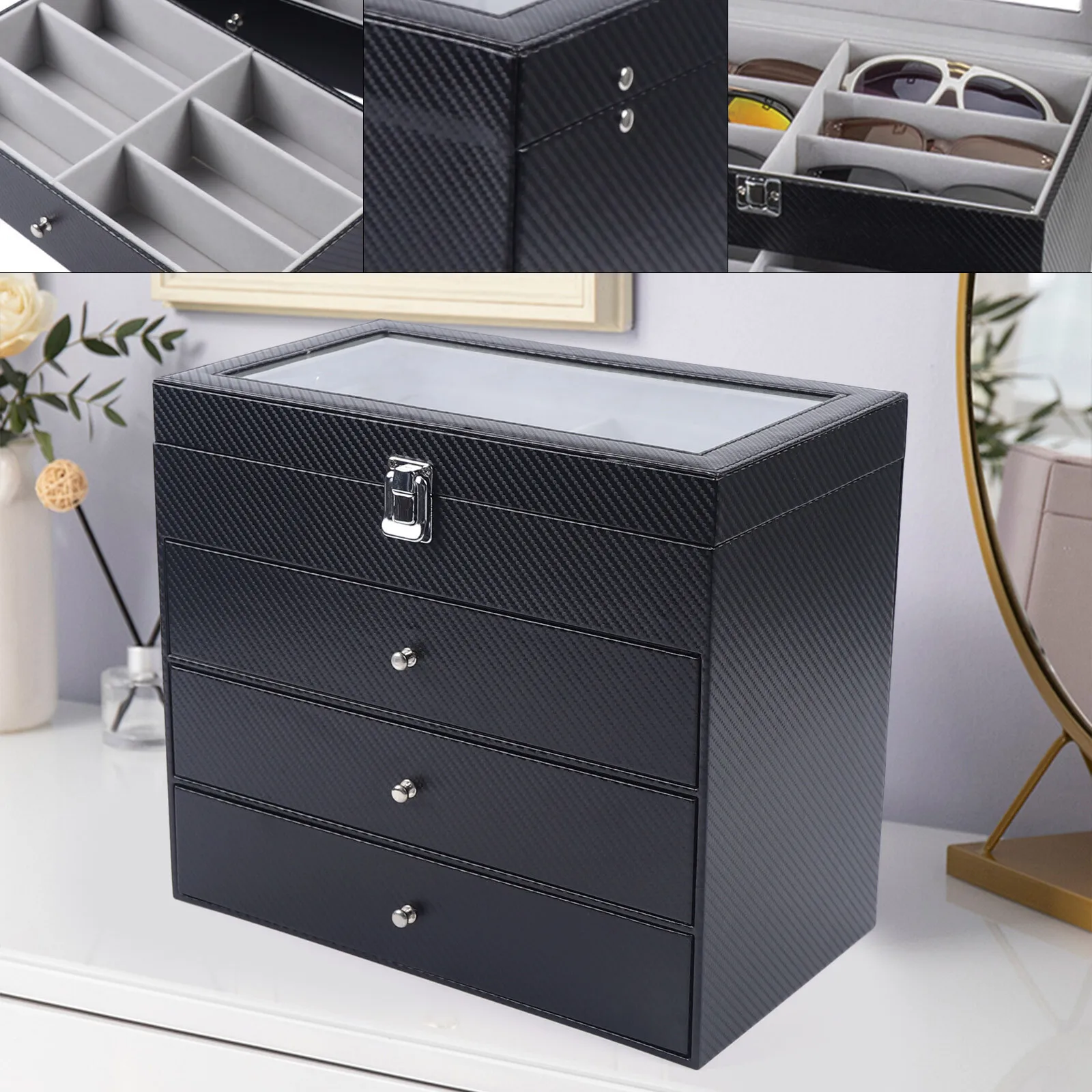 

Органайзер для солнцезащитных очков с 24 слотами для мужчин и женщин, витрина для очков из искусственной кожи, стеклянный верх, 4-слойный ящик, большая вместимость