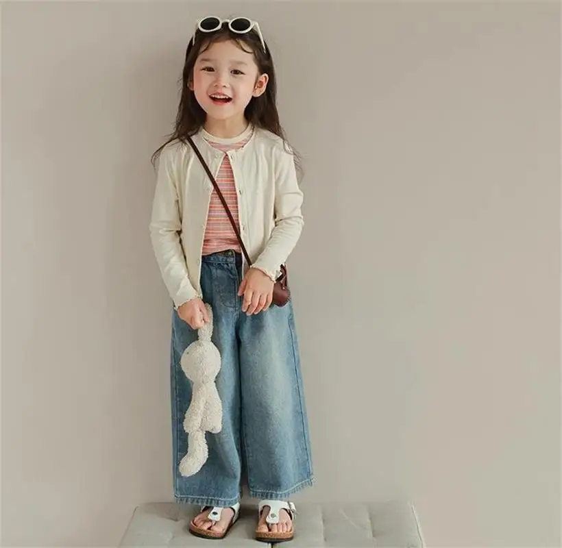 Humor Bear Girl Clothes Kids Clothing Summer Baggy Multi-pocket Elastic-waisted Jeans Wide-leg Pants Girls Pants