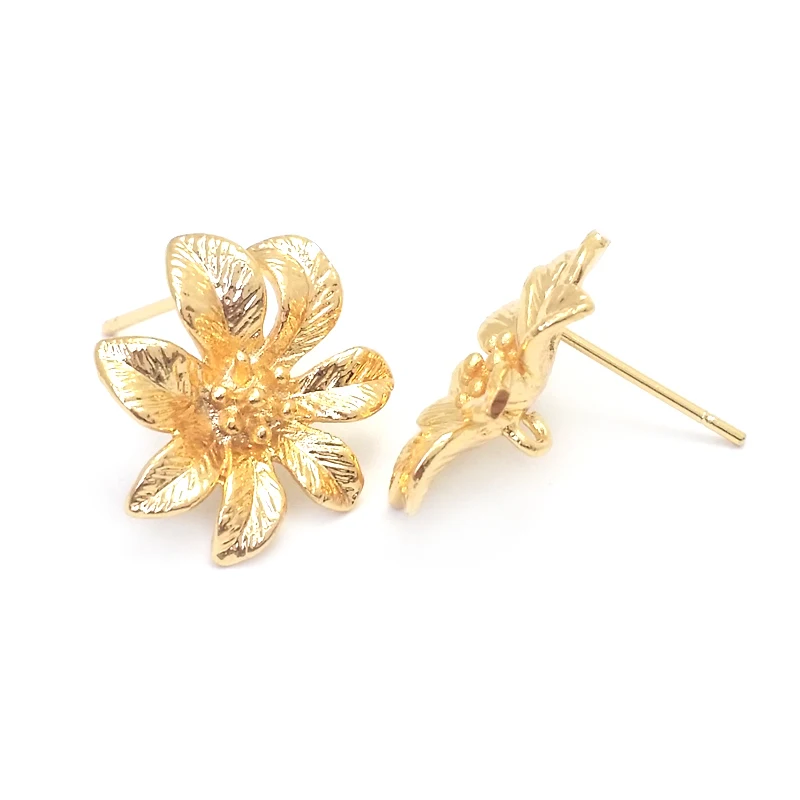 (37661)6PCS Flower 15x17MM 24K Gold Color Brass Flower Stud Earrings Pins Jewelry Making Supplies Diy Findings Accessories