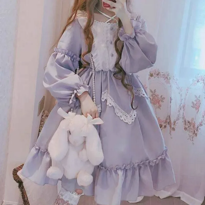 Japon Gotik Lolita Elbise Kadın Kawaii Saray Prenses Yay Dantel Tatlı Elbiseler Vintage Rönesans Peri Parti Elbise Cosplay