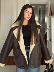 Fleece Fur Leather Jacket Coat Lapel Single Breasted Pocket Double-Sided Jackets Autumn Winter New Thickened Warm Women Overcoat