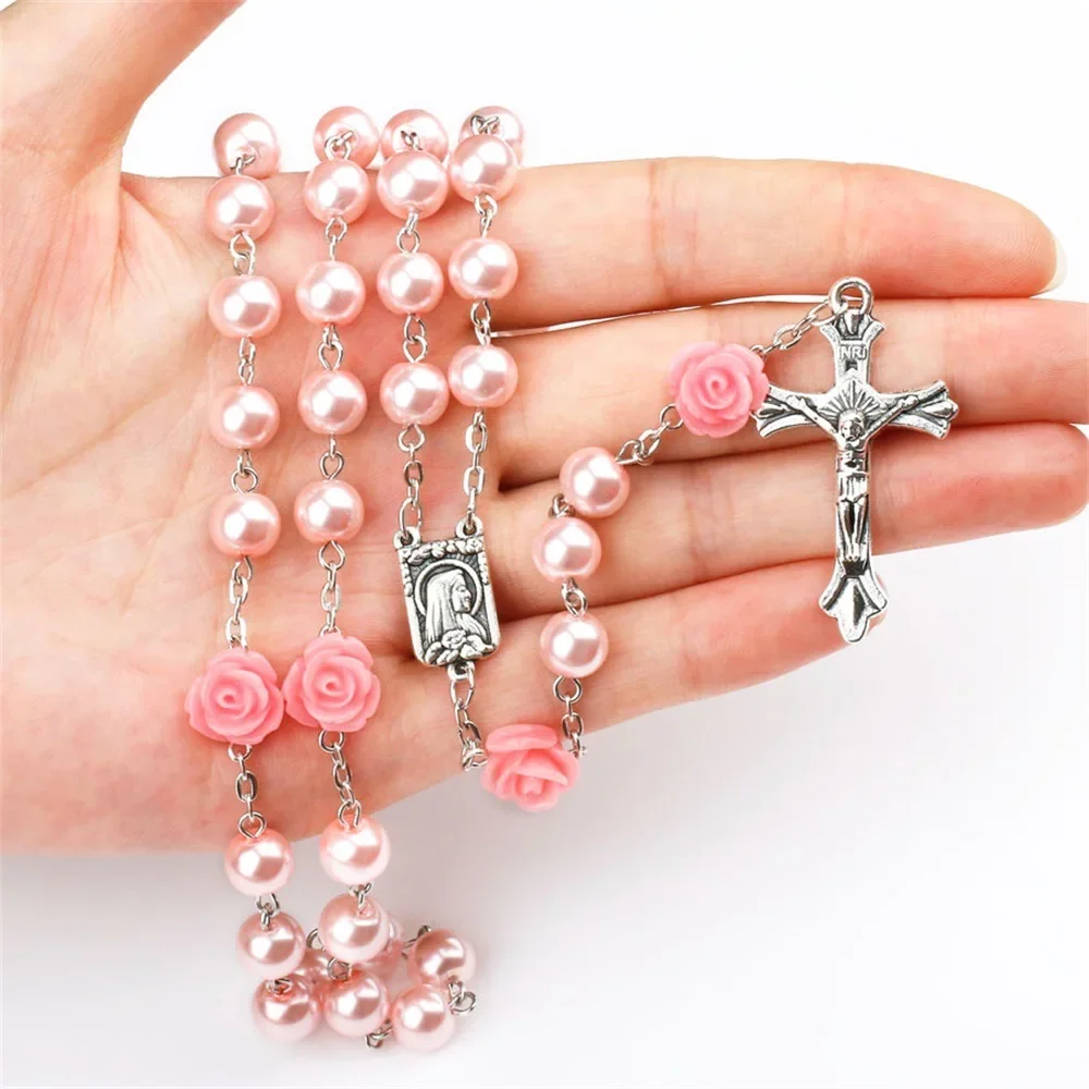 

Religious Catholic Pink Glass Rose Rosary Necklace for Women Virgin Mary Crucifix Pendant Long Bead Sweater Chain Jewelry Gift