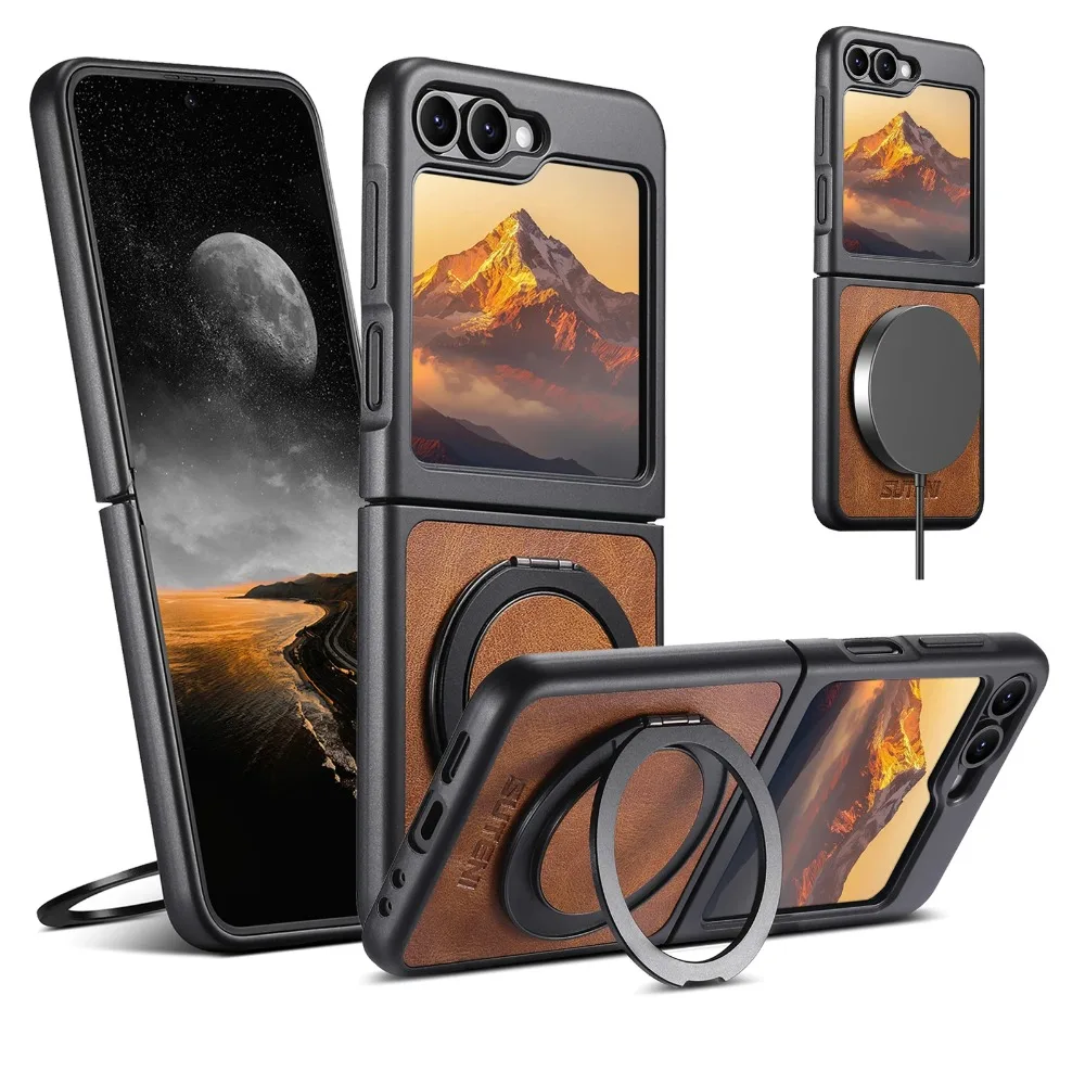 Higth Quality Busine Sle Magnetic Wireless Charging Phone Case for Samsung Galaxy Z Flip7 6 5 360° Rotating Holder Leather Cover