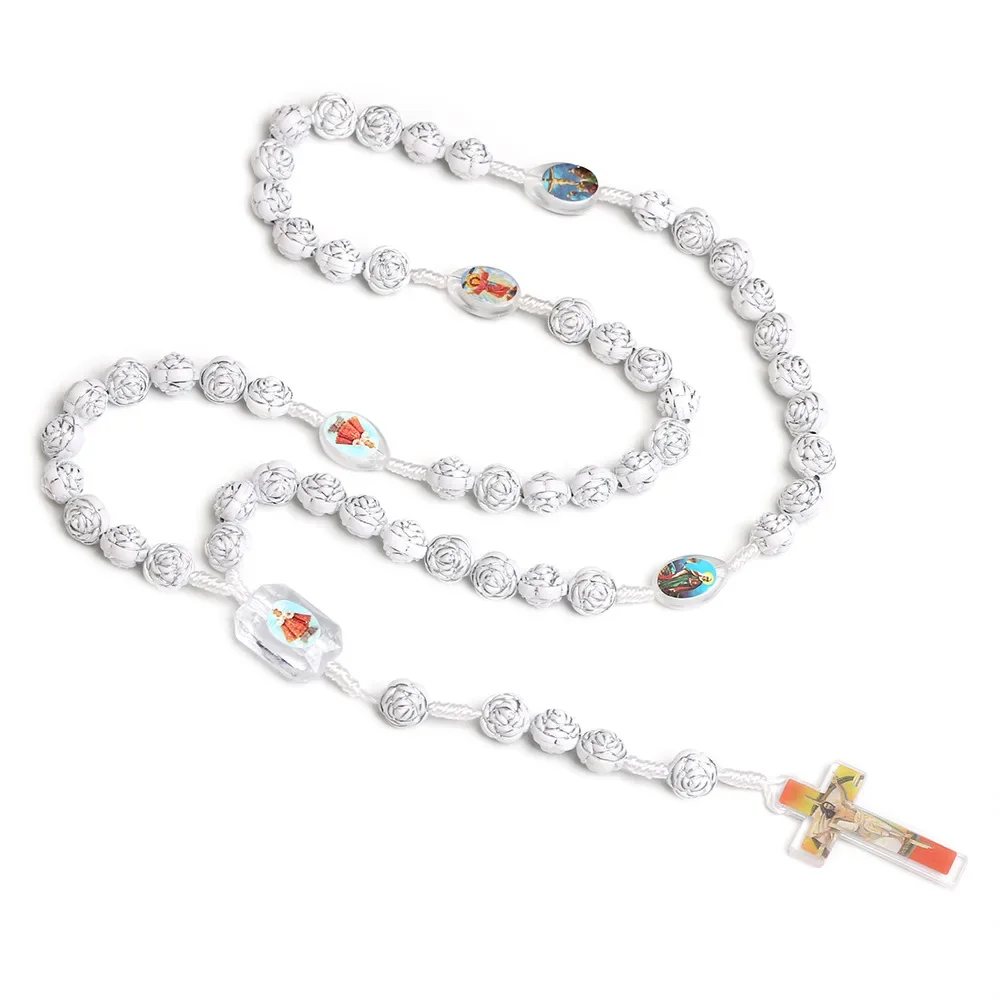 Religion White Rosary Necklace For Women INRI Crucifix Cross Pendant Rose Beads Chain Necklace Female Prayer Jewelry