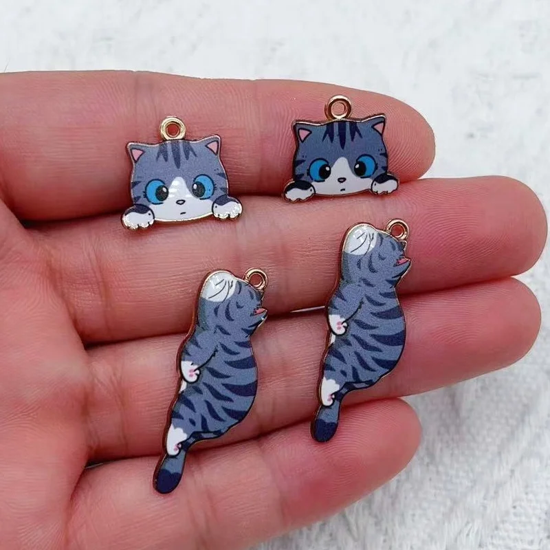 10PCs Cartoon Enamel Cat Charms Animal Cartoon Pendants Gold Color Metal DIY Bracelets Necklace Jewelry Making