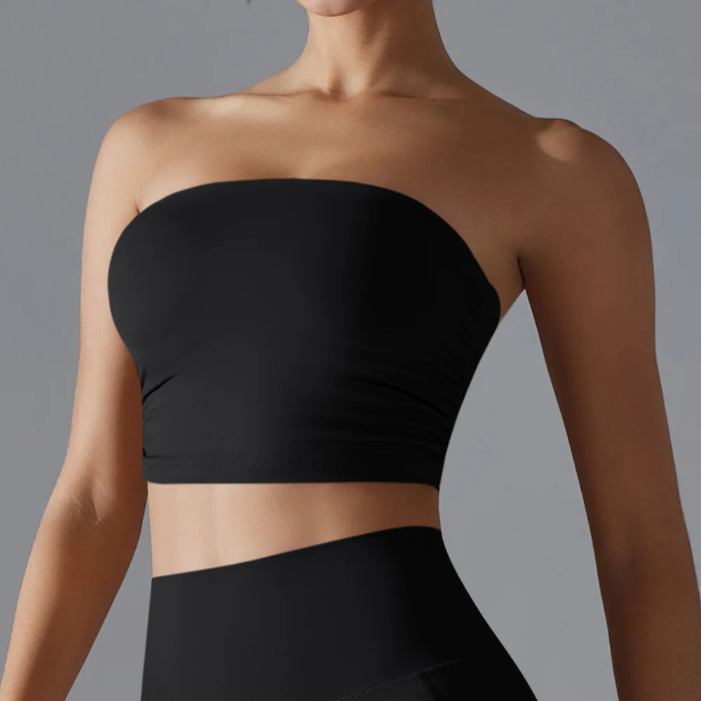 Women's Strapless Ruched Longline Padded Breathable Sports Bra Tube Top Slim Fit Yoga Top Fitness Tank Running Workout Gym Vest