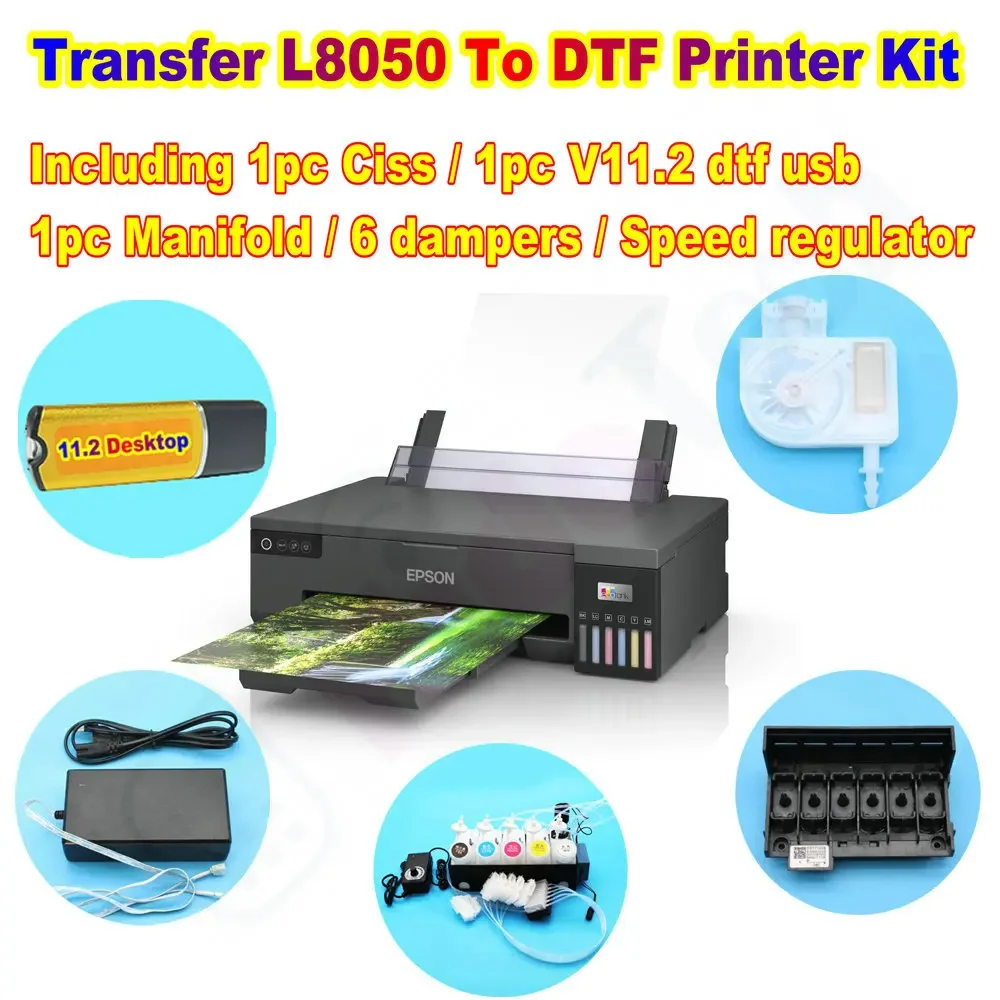 Printer Converted L18050 L8050 L8180 to DTF Kit Set Including Rip Usb Program Ciss Ink System Manifold Damper Speed Accelerator