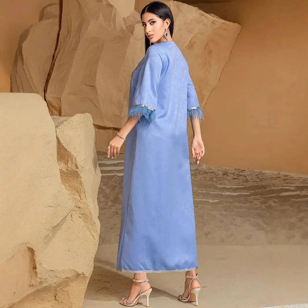 

Серебристый женский халат Ba3025 с вышивкой и отделкой перьями, длинное платье-абайя, роскошное исламское элегантное платье для Рамадана, Дубай