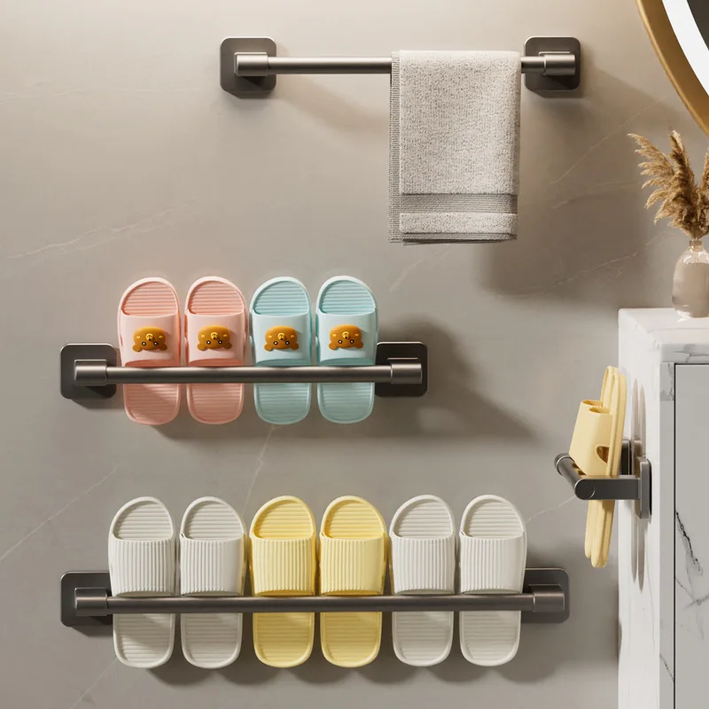 Bathroom Towel Rack Stainless Steel Towel Rack Slipper Rack Hole-Free Towel Bar Bathroom Shelf Organizer Kitchen Storage Racks