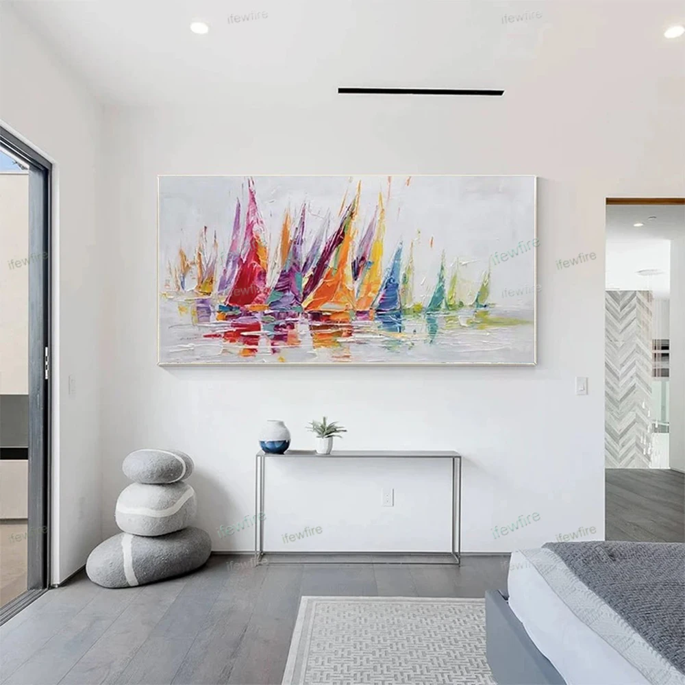 

Sailboats Abstract Painting on Canvas Modern Art Oil Painting Living Room Colorful Wall Art Large Abstract Wall Art Ocean Art
