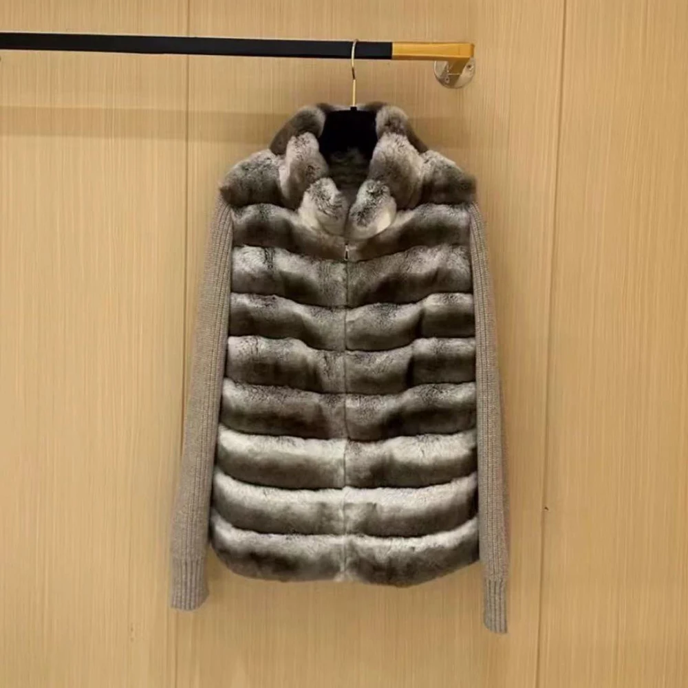 Luxyonuo المرأة ريال ريكس الأرنب الفراء سترة السيدات موضة اليوسفي طوق معطف الفرو المرقعة متماسكة الأكمام معاطف الصوف مع الفراء