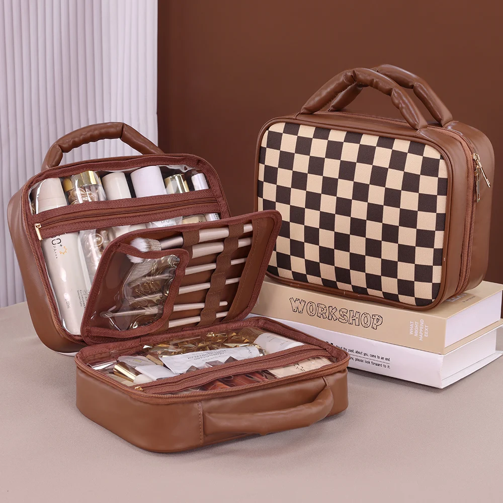 Large Capacity PU Grid Melody Women's Cosmetic Storage Box Portable Travel Makeup Bag High-end Feel Multi-compartment Wash Bag