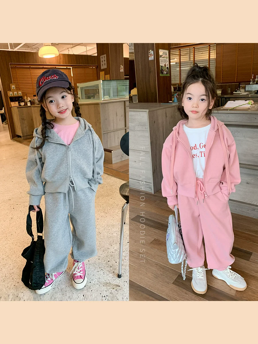 

Весенне-осенний стильный хлопковый однотонный спортивный костюм для девочек с капюшоном на молнии + брюки, комплект из 2 предметов для школы, детский спортивный костюм, 2-12 лет